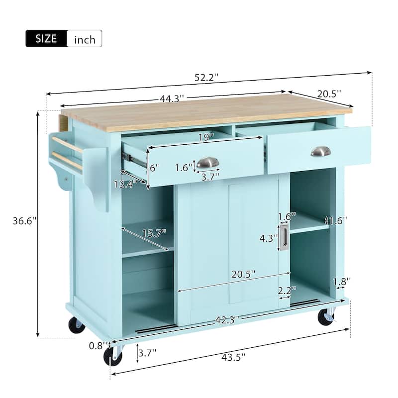 Drop Leaf Kitchen Cart with Sliding Barn Door, Mint Green Kitchen Island with Wheels/Wood Legs, Floor Standing Kitchen Cabinet