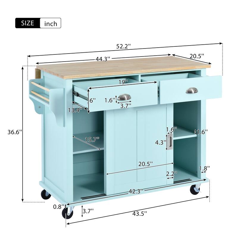 Rolling Kitchen Island with Drop-Leaf Countertop, Adjustable Shelves, 2 Drawers & Sliding Barn Door - Mint Green