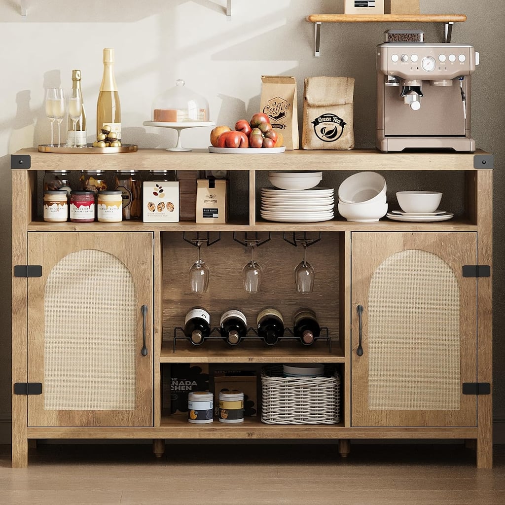52" Rattan Sideboard Buffet Cabinet with Drawer, Wine Racks & Open Shelves, Boho Storage for Dining or Living Room
