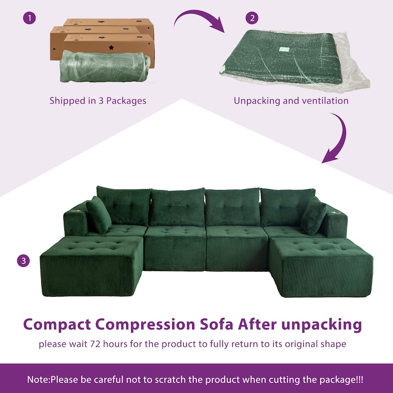 Modular 6-Seat U Shaped Sectional Sofa - 64.5"D x 129.5"W x 26.3"H