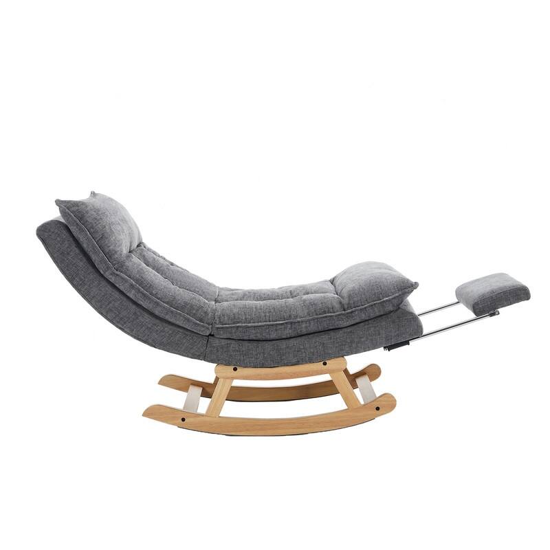Fabric Upholstered Rocking Chair with Solid Wood Base and Hidden Footrest – Ergonomic Dual-Cushion Design