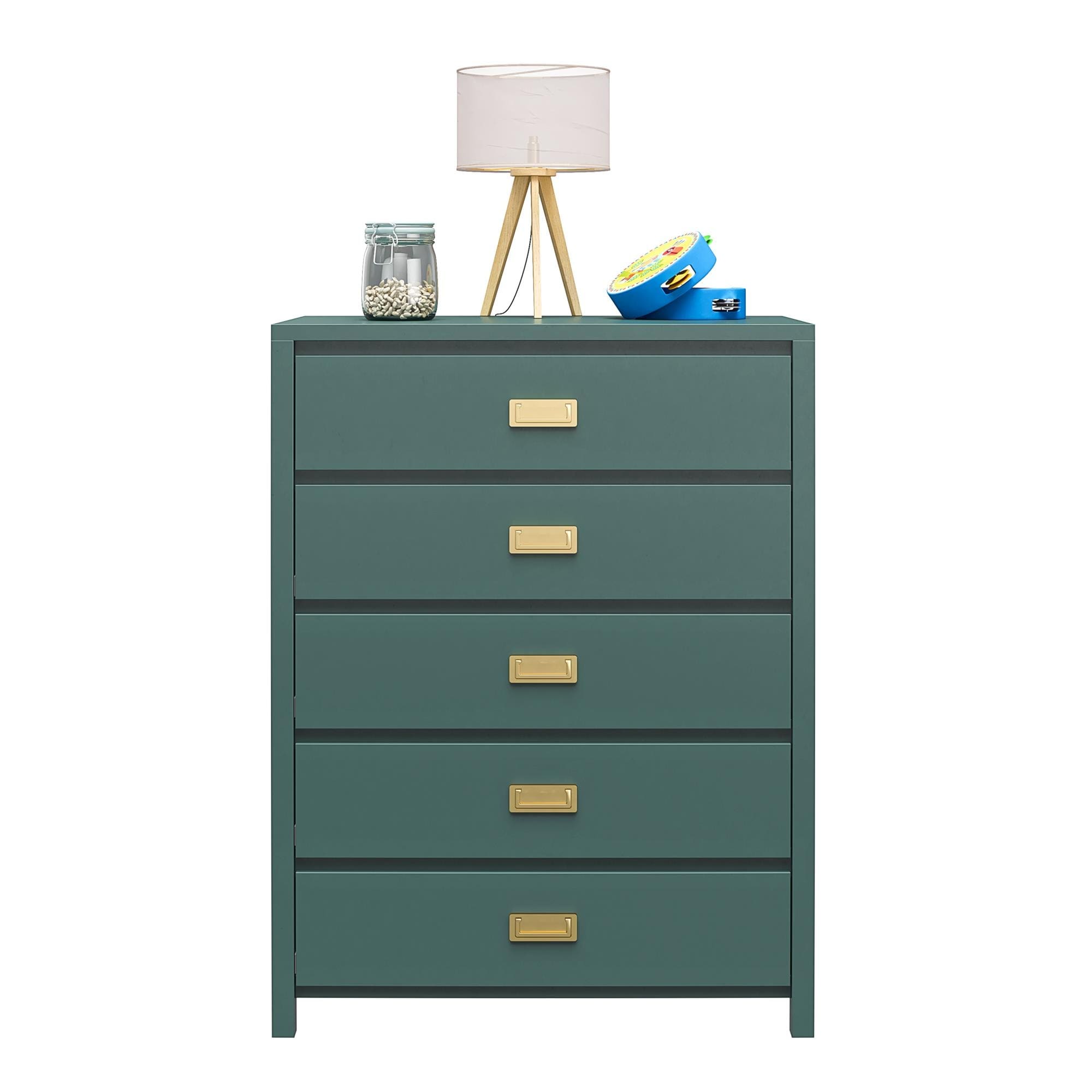 Roomfitters Haven 5-Drawer Kids Dresser with Gold Campaign Hardware, Safety Stops, Dark Green - Overstock - 43817877 Roomfitters Haven 5-Drawer Kids Dresser with Gold Campaign Hardware, Safety Stops, Dark Green - Overstock - 43817877