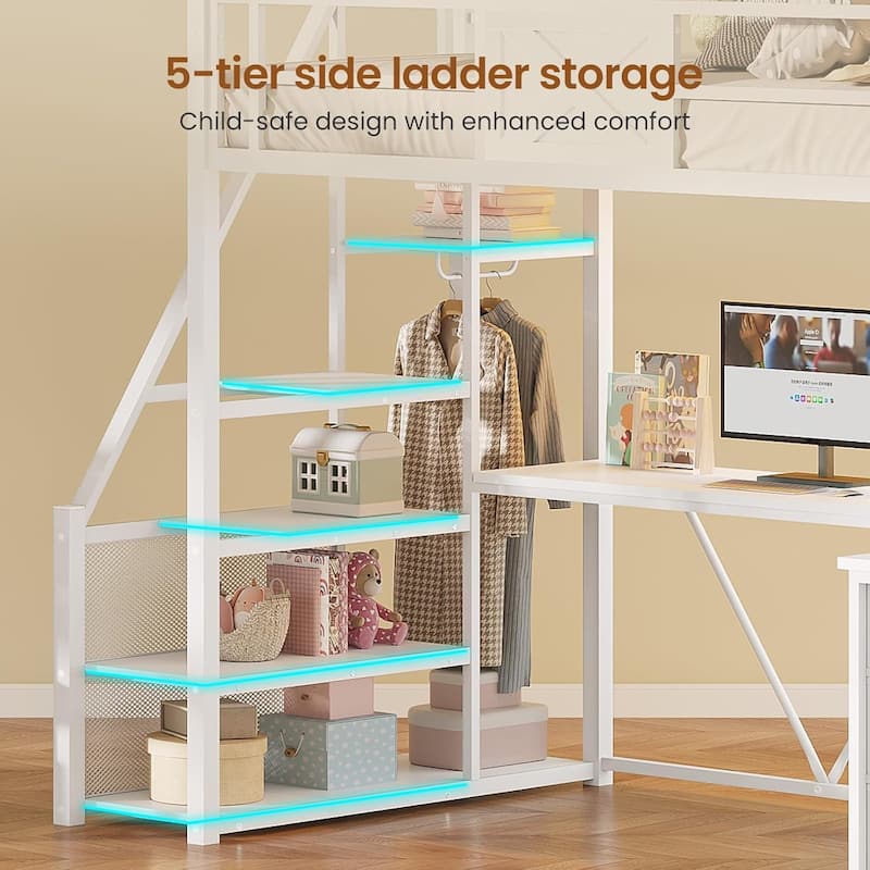 Stairway Twin Size Loft Bed with L Shaped Desk and Wardrobe 3 Drawers