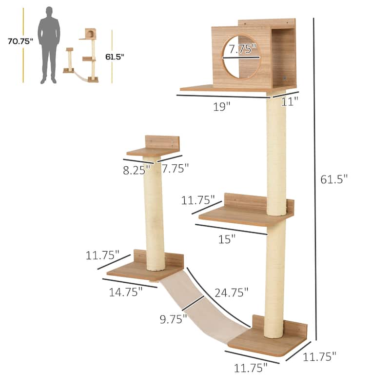 Cat Tree Tower with Platforms, Wooden Ladder & Natural Pine Wood - 11.75" L x 11" W x 11.5" H