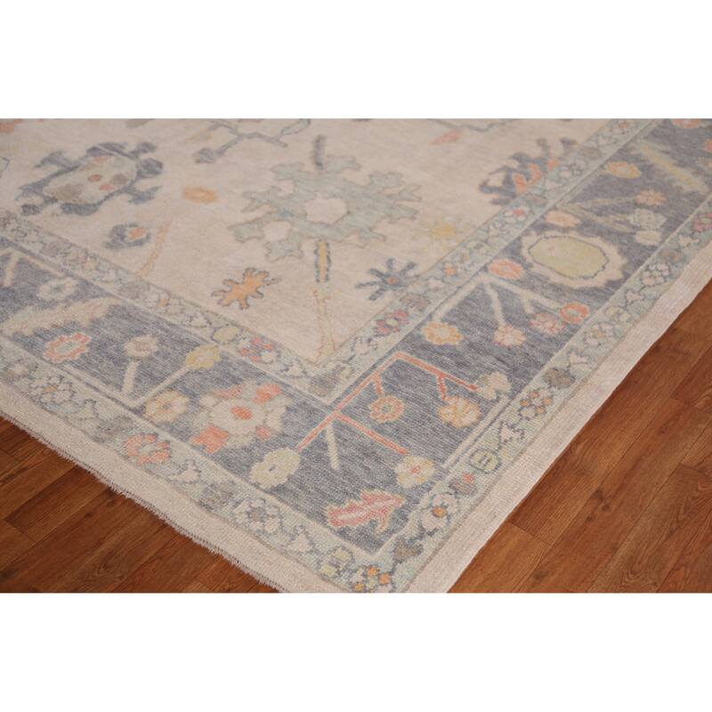 Hand Knotted Oriental 100% Wool Carpet Transitional All-Over Beige & Ivories Oushak Area Rug - 12' 5'' X 8' 9''