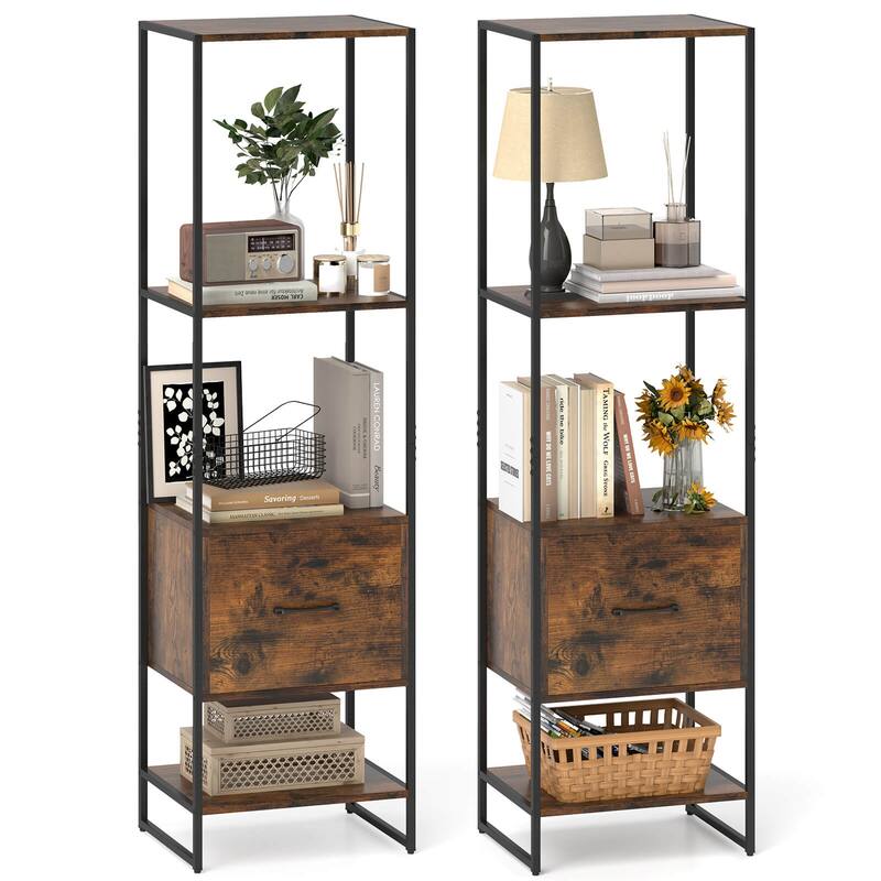 4-Tier Bookshelf w/ Drawer 62.5" Tall Narrow Bookcase w/ Metal Frame - Brown+Black - 2 pcs