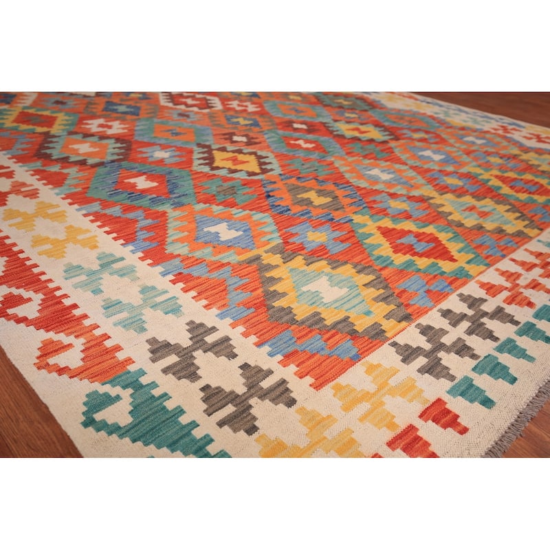 South Western Style Kilim Area Rug Flatweave Wool Carpet - 8'1" x 9'10"