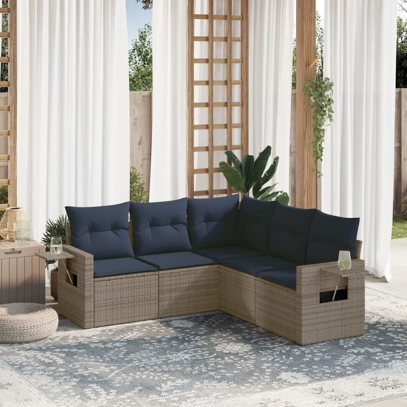 vidaXL Patio Sofa Set with Cushions Outdoor Conversation Furniture Poly Rattan - 24.4 x 24.4 x 27.2 - Grey and Blue-Without table