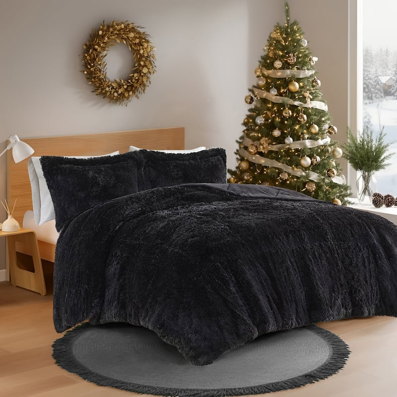 Intelligent Design Leena Shaggy Long Fur Comforter Mini Set - Black - Queen
