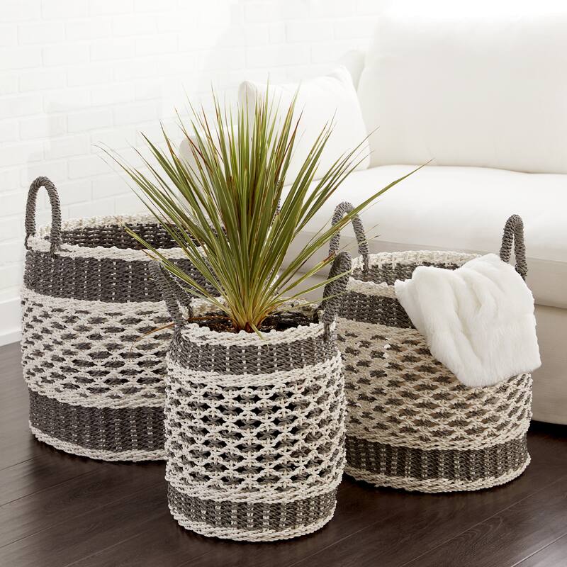 Plastic Boho Storage Basket (Set of 3) - 18", 17", 16"H - Grey