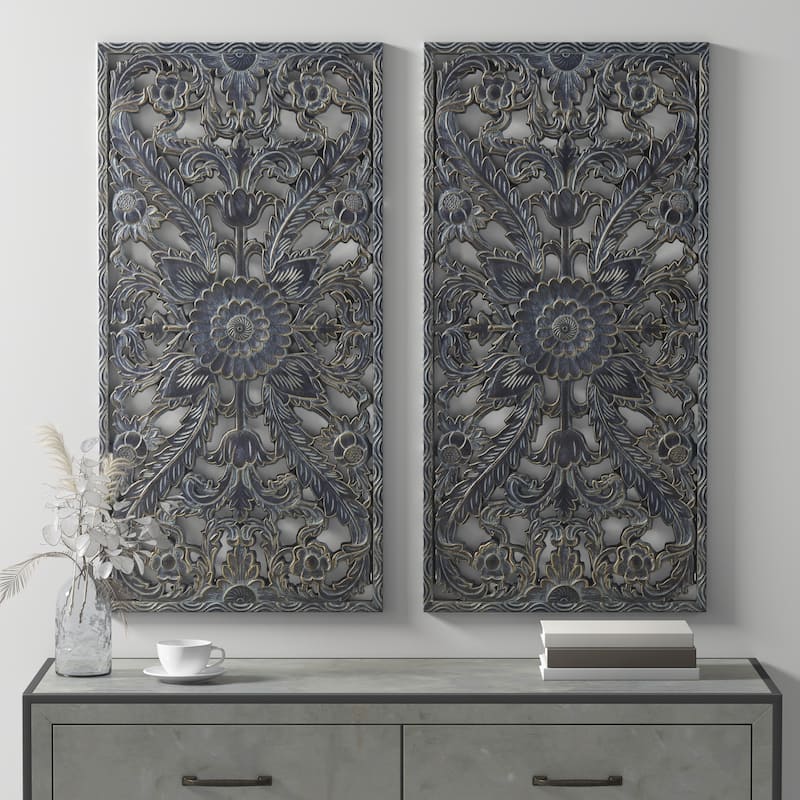 Madison Park Botanical Panel Distressed Carved Wood Wall Decor (Set of ...