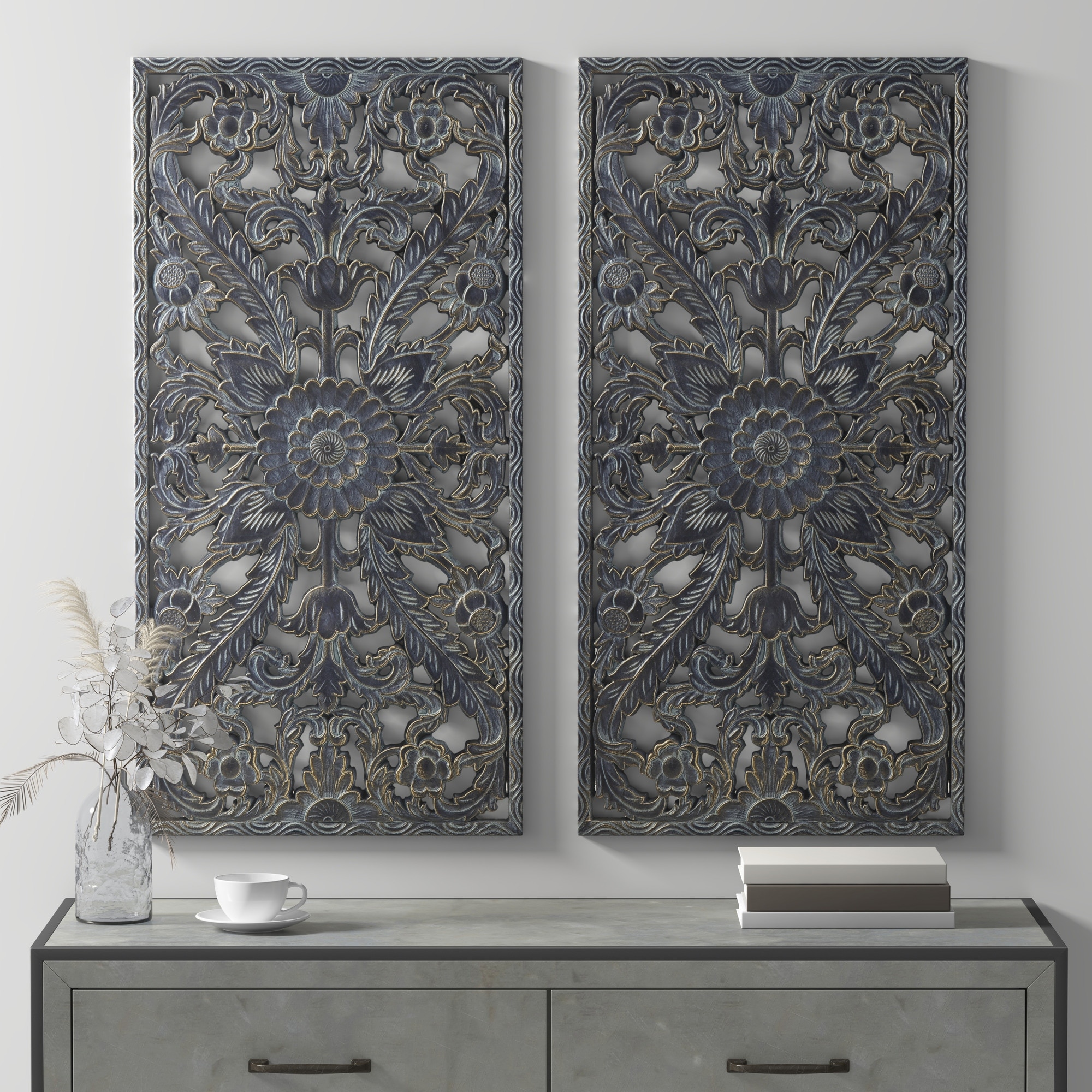 Madison Park Botanical Panel Distressed Carved Wood 2-piece Wall