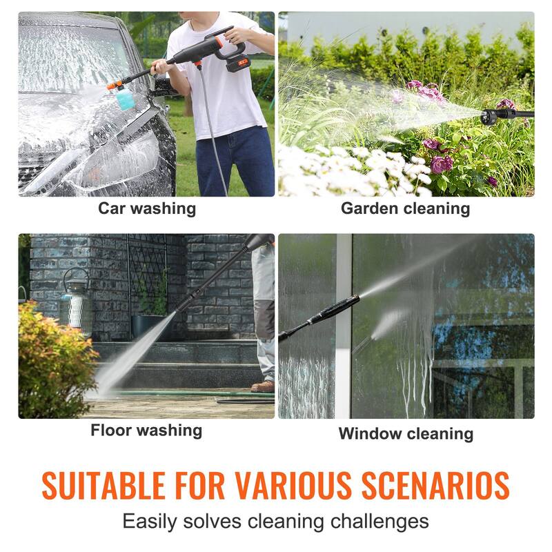 Black Cordless Pressure Washer 21V with 6-in-1 Nozzle and Foam Pot
