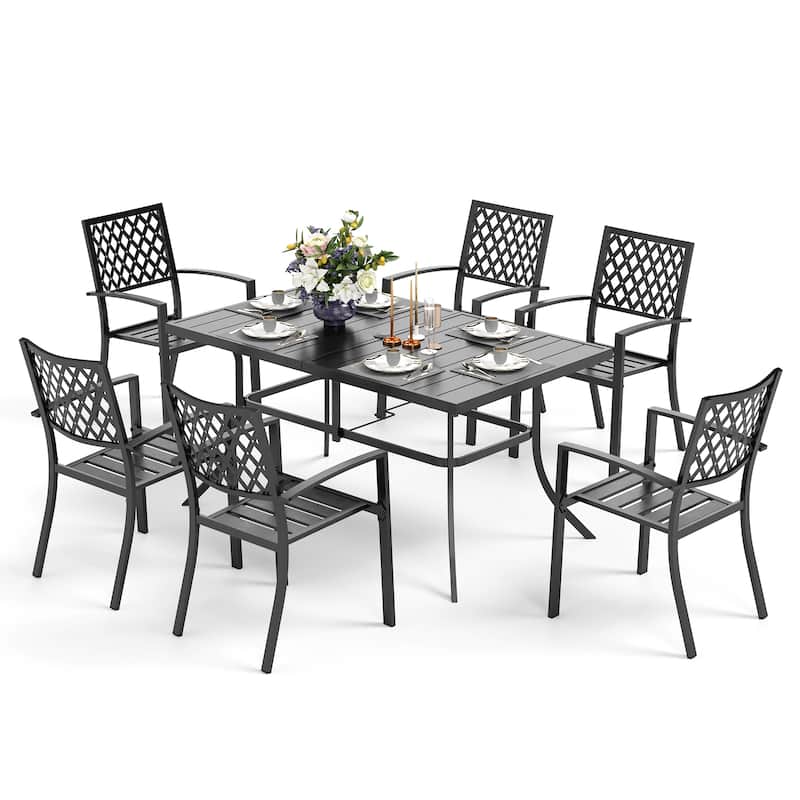 MAISON ARTS Patio Dining Set 7 Piece Metal Rectangle Patio Table with 2.6" Umbrella Hole and 6 Metal Dining Chairs, Black