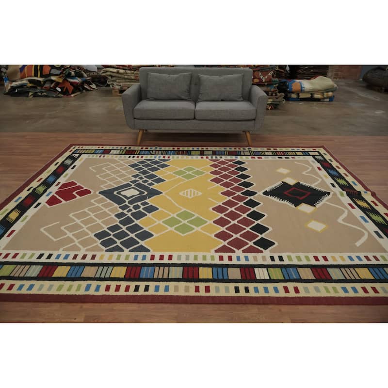 Hand Woven Oriental 100% Wool Carpet Southwestern Modern Multi-Colored Kilim Area Rug - 10' 3'' X 8' 5''