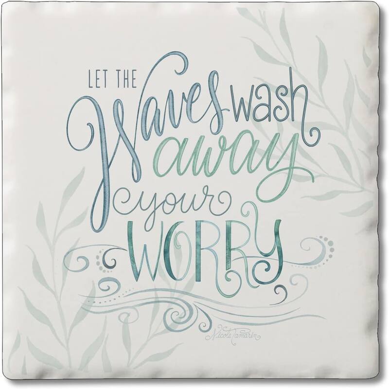 Absorbent Stone Tumbled Tile Coasters, Waves Wash Away, Set of 4 - Multi