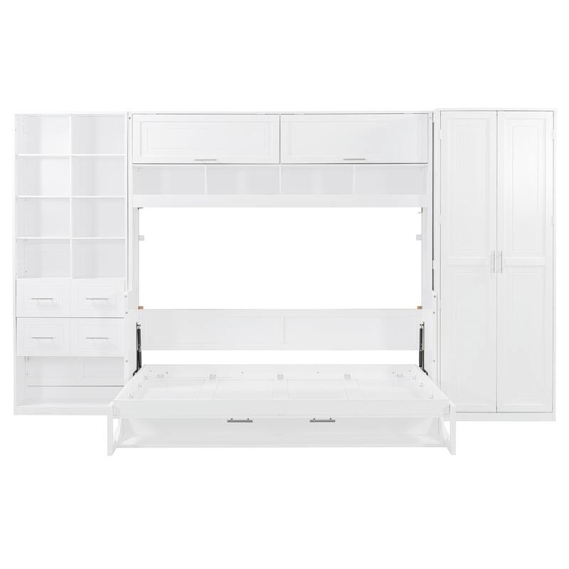 Full Size Wall Bed with Closet, Drawers, and Shelves in White