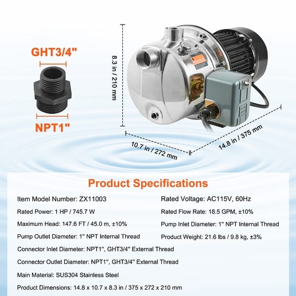 Transfer Pump 1HP Premium Cast Iron Shallow Well Jet Water Pump, 115