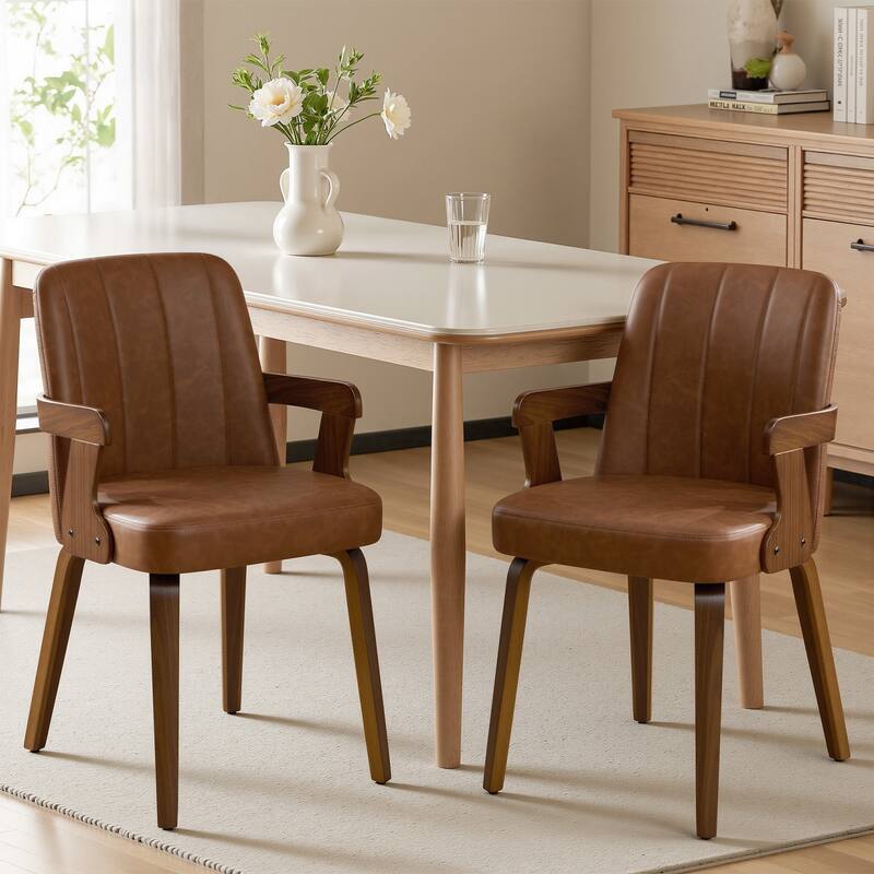Mid-century Modern Upholstered Dining Chairs Bentwood Side Chairs with Armrests - 34.3"H x 19.9"W x 22.1"D - Set of 2 - Brown