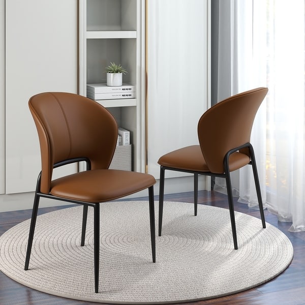 slide 2 of 15, Mid-century Modern Dining Chairs, PU Leather Seat Cushion with Solid Wood Legs Set of 2 Brown