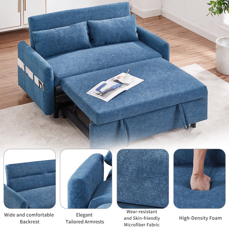 3-in-1 Pull Out Sofa Bed, Couch Bed with Adjsutable Back and Storage Pockets, 2 Seater Sofa with 2 Soft Pillows and USB Ports