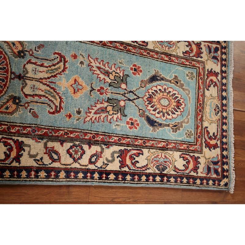Light Blue Floral Kazak Oriental Runner Rug Hand-Knotted Wool Carpet - 2'1" x 5'11"