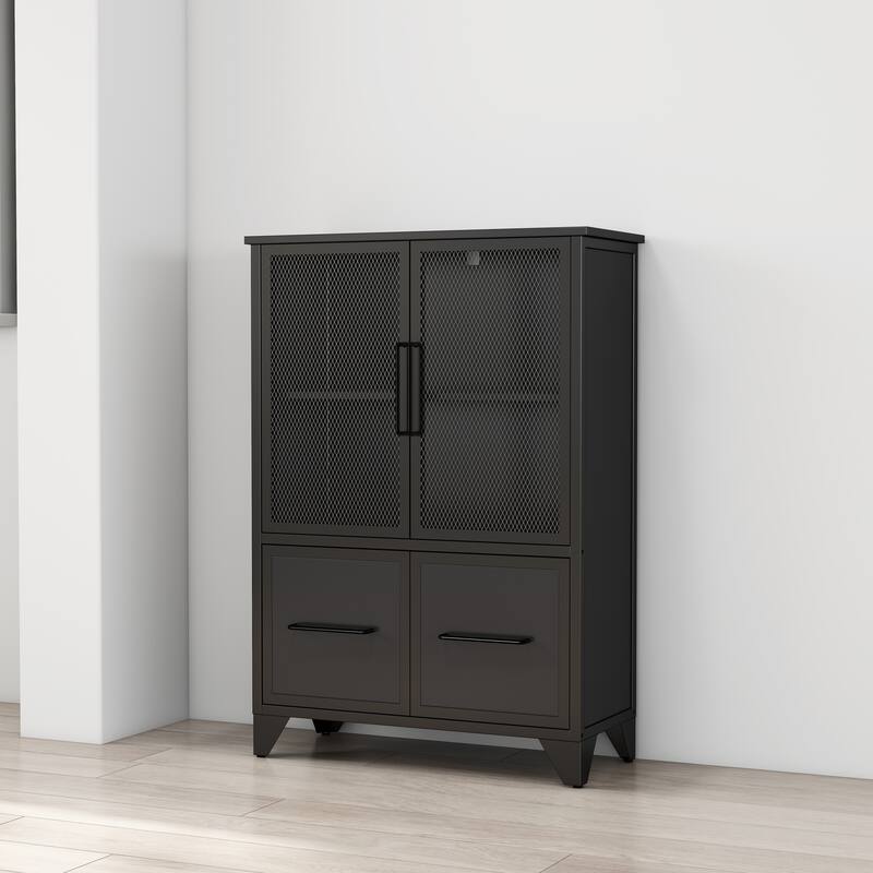 Storage Cabinet With 4 Iron Doors,Black Metal Handle,Sideboard With Adjustable Shelf,Black Sturdy Metal Frame and Metal Legs