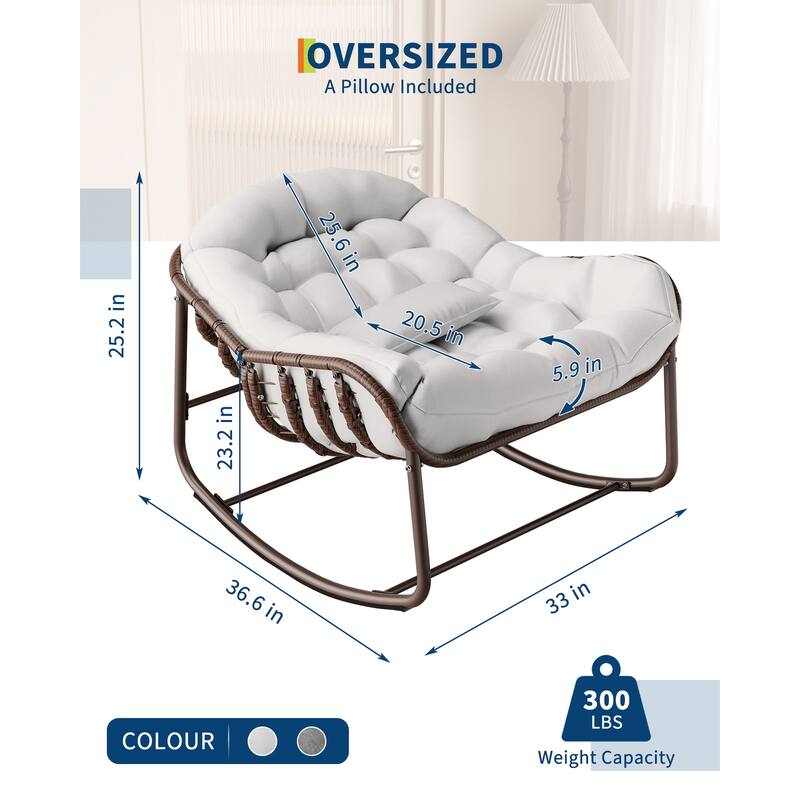 Outdoor Rocking Chair, Oversized Wicker Lounge Chair with Cushion and Metal Frame - White