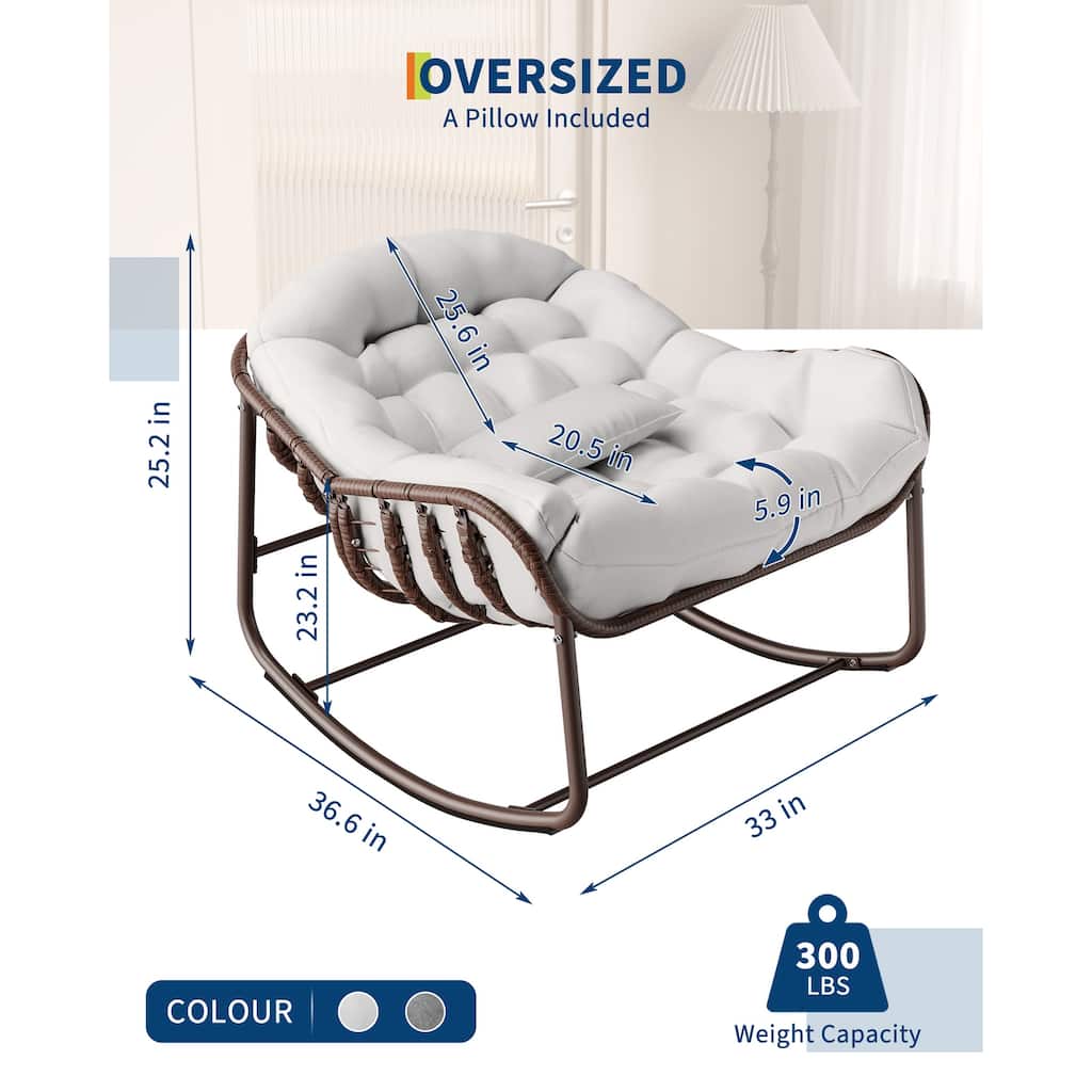 Outdoor Rocking Chair, Oversized Wicker Lounge Chair with Cushion and Metal Frame
