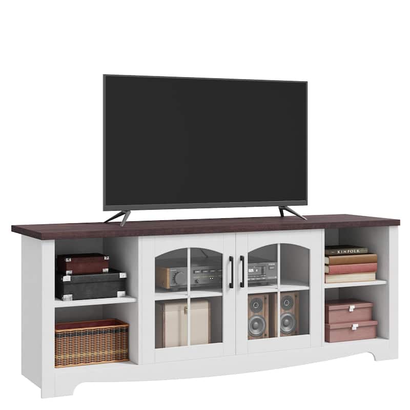 EROMMY Solid Wood TV Stand, Modern Entertainment Center with Glass Doors & Adjustable Shelves.