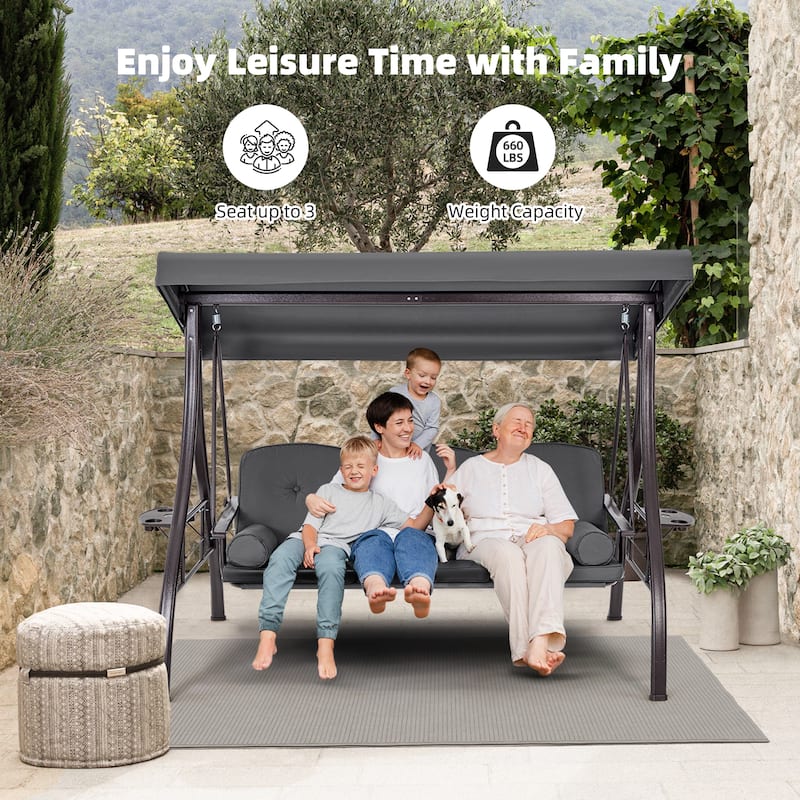3-Seat Patio Swing with Adjustable Canopy, 750lbs Heavy Duty, Convertible Outdoor Bed, All-Weather, Cup Holders & Thick Cushions