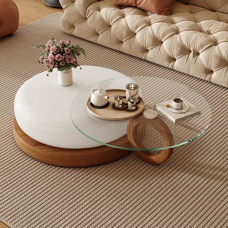 JASIWAY Light Luxury Glass Coffee Table - White and Wood