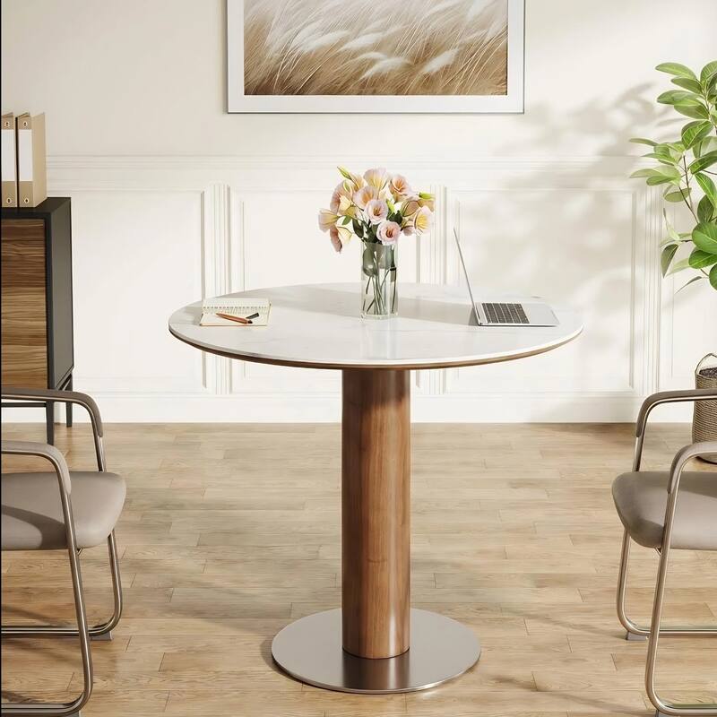 31.5 Inch Round Conference Table for 2-4, Office Meeting Table with Thicken Sintered Stone Tabletop - 31.5" Dia. x 29.53" H - White + Walnut