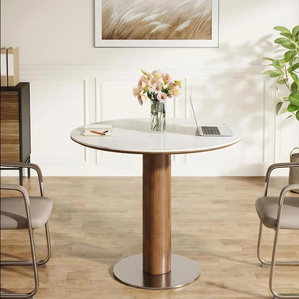 31.5 Inch Round Conference Table for 2-4, Office Meeting Table with Thicken Sintered Stone Tabletop - 31.5" Dia. x 29.53" H