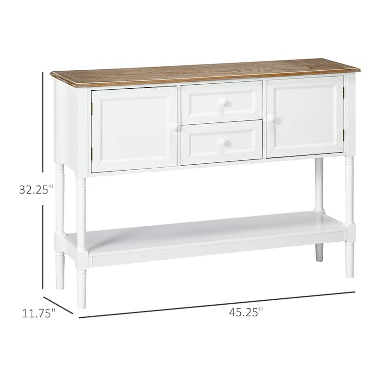 White MDF and Pine Retro Console Table with Storage, Handles and Anti-Tip - 45.25" W x 11.75" D x 32.25" H
