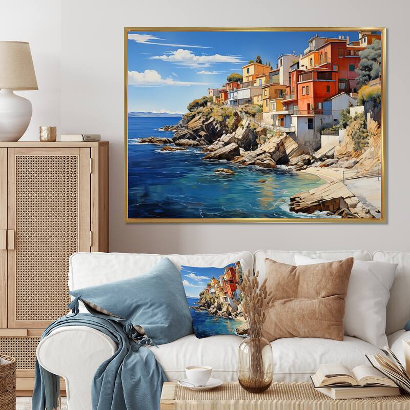 Designart "Spain Spanish Coastline" Nautical & Beach Framed Canvas Wall Art - 40 in. wide x 30 in. high - Gold