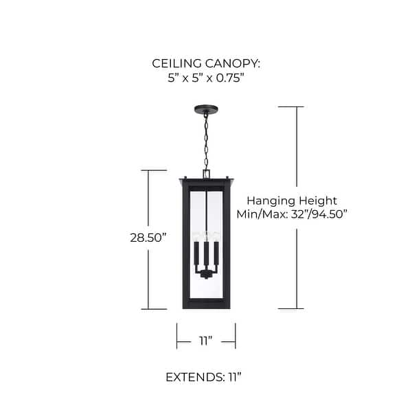 dimension image slide 1 of 2, 11" W x 28.5" H 4-Light Outdoor Rectangular Hanging Lantern with Clear Glass - 11"W x 28.5"H