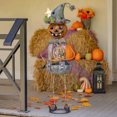 Metal Pumpkin Witch with Jack-O-Lantern Candy Holder Halloween Decoration