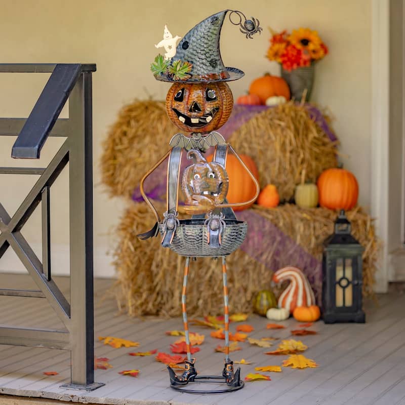 Metal Pumpkin Witch with Jack-O-Lantern Candy Holder Decoration - Iron
