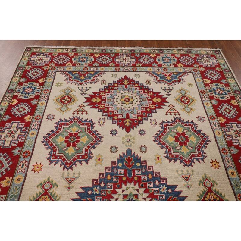 Beige / Ivory Traditional Kazak Oriental Area Rug Handmade Wool Carpet - 6'7" x 9'10"