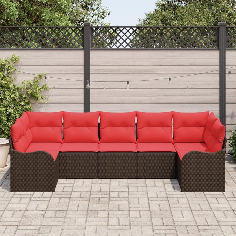 vidaXL 7 Garden Sofa Set with Cushions Black/Brown/Grey Poly Rattan - 113.8 x 48.2 x 27.2