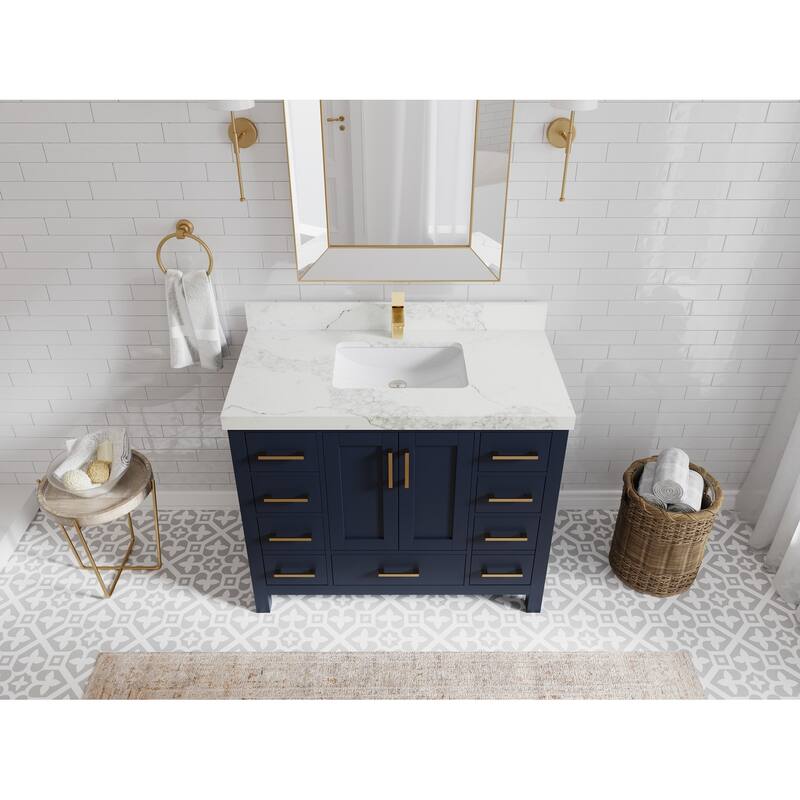 Willow Collections 42 in. W x 22 in. D Malibu Single Sink Bathroom Vanity with Countertop - 2" Calacatta Nuvo - Navy Blue