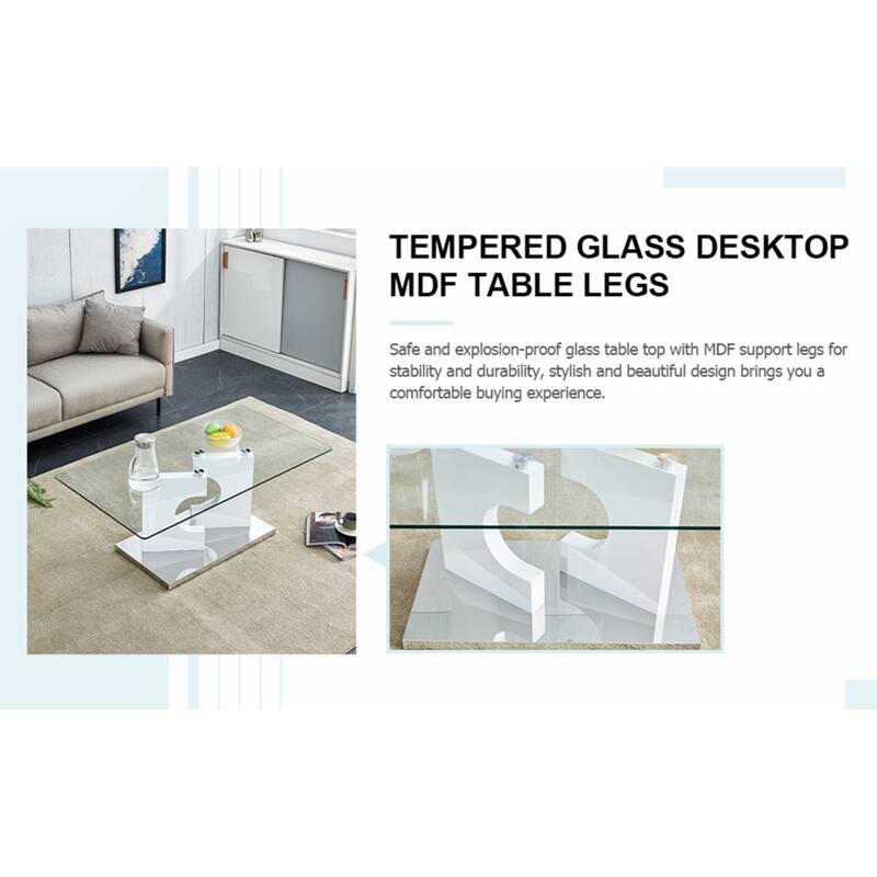 A rectangular modern and fashionable coffee table with tempered glass tabletop and black MDF legs