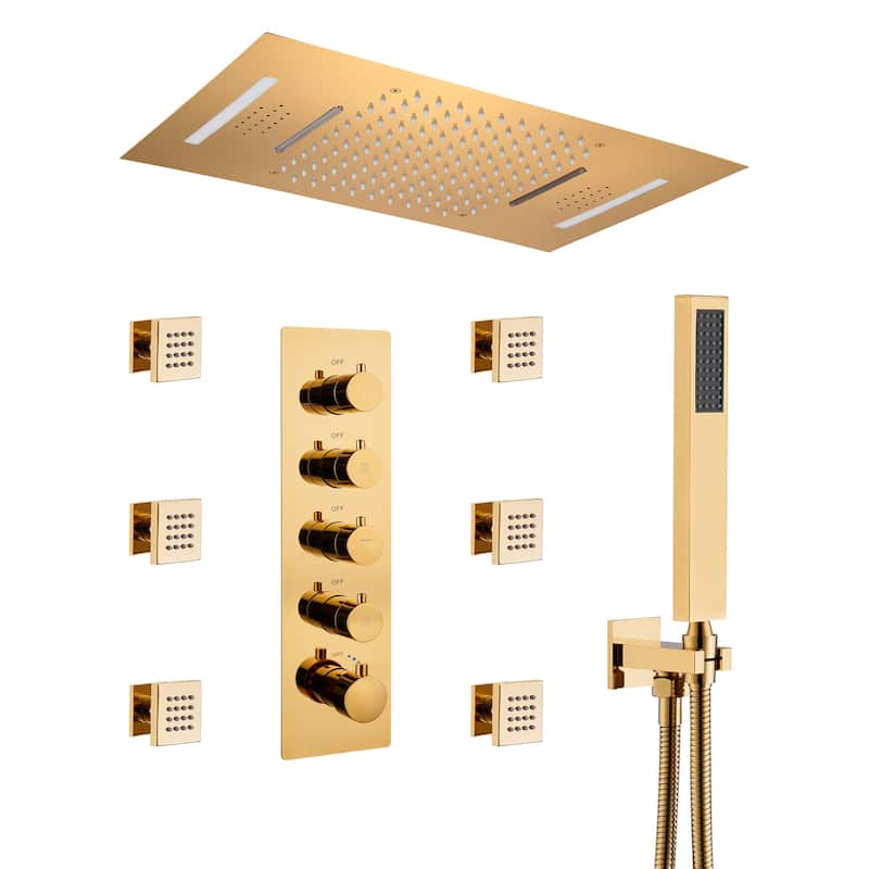 Luxury 4-Spray Patterns 23 in. Ceiling Mount Shower System with Handheld Shower Head, 6 Body Jets, LED, and Music - 15" x 23"