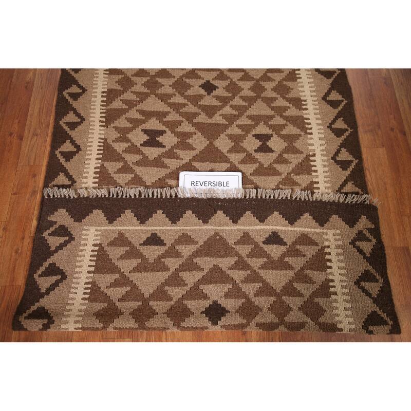 Brown Kilim Oriental Area Rug Hand-woven Wool Foyer Carpet - 3'5" x 5'0"