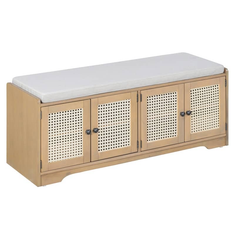 Rustic 47.4" Storage Bench Multifunctional Wooden Entryway Organizer with Removable Cushion and Rattan Doors