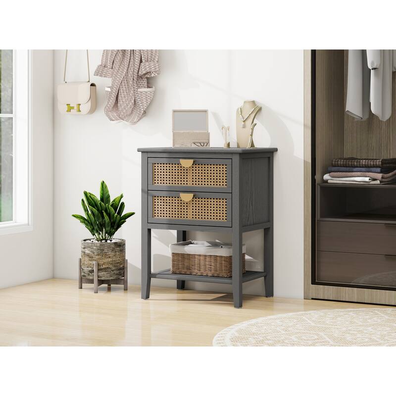 Rattan Haven Natural Style Wooden End Table with 2 Drawers and Open Storage Shelf