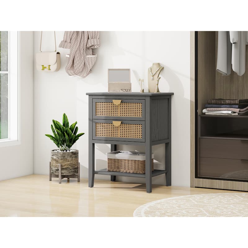 Roomfitters 2 Drawer Side Table, Rattan Nightstand End Table with Storage for Bedroom, Living Room