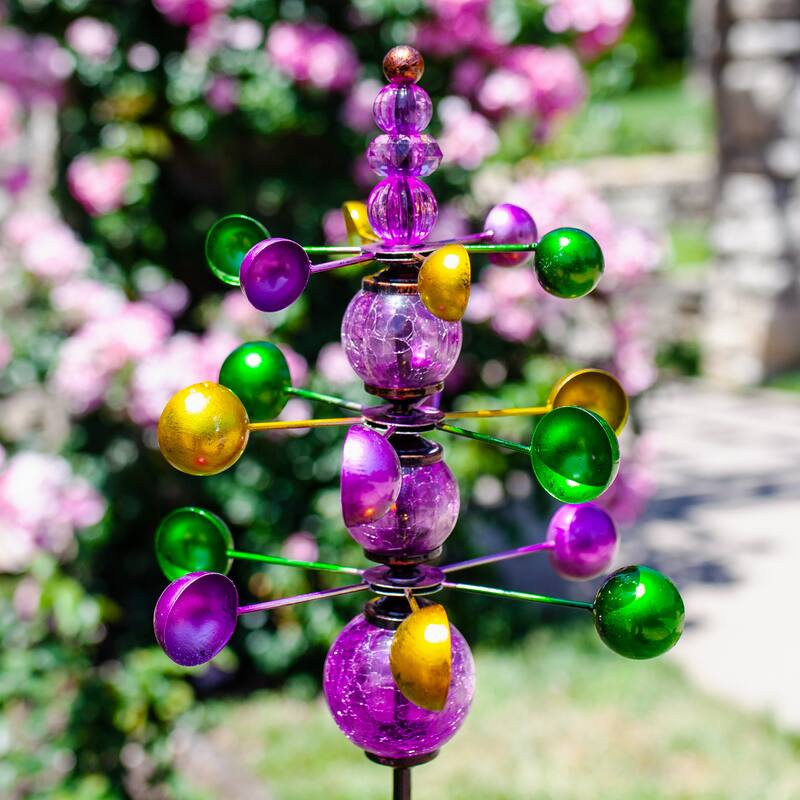 Exhart Three Tier Wind Spinner Garden Stake with Glass Crackle Balls, 14 by 48 Inches