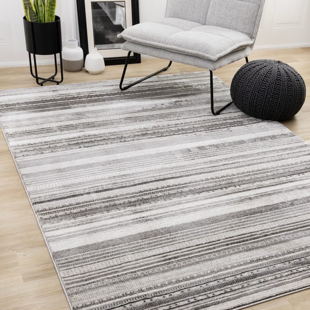 Zuri Collection - Soft Textured Grey White Patterened Rows Rug